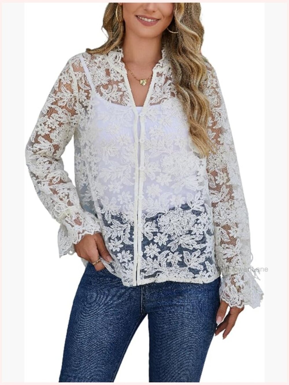 Boho Lace Sheer Ruffle Long Sleeve Button Down Blouse